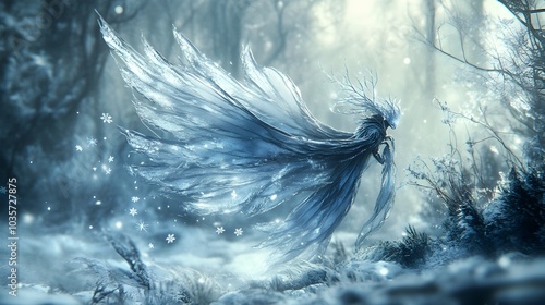 Enchanting Frostbound Ethereal Entity in Serene Winterscape Scene photo