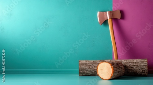 An axe rests on wooden logs, set against a vibrant teal and purple vertical split background, blending rustic elements with bold contemporary interior design aesthetics. photo