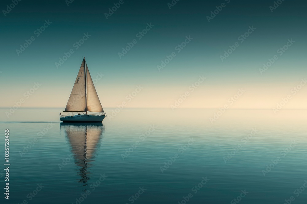 Fototapeta premium Sailboat on a Calm, Blue Lake with a Pale Sky