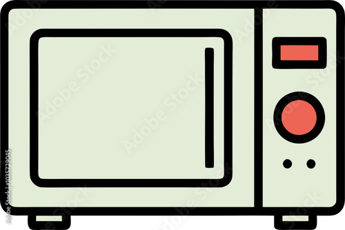 Minimalist microwave oven icon with a simple red, white, and black color scheme, showing front and side views, 심플한 디자인의 전자레인지 아이콘, 빨간색, 흰색, 검정색이 사용된 전면 및 측면 뷰