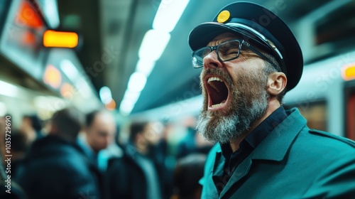 A subway conductor passionately yells directions, his expression full of urgency as he navigates the busy platform, with bustling commuters all around and trains moving by. photo