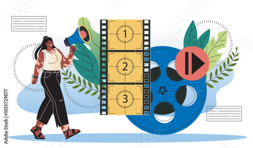 Woman film director online. Young girl with loudspeaker and film tape. Movie and cinema, tv series. Cinematography and filmmaking industry. Flat vector illustration