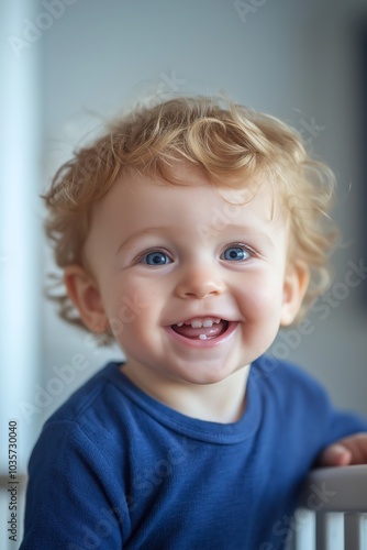 A joyful baby with bright eyes smiles radiantly, embodying pure happiness and innocence indoors.