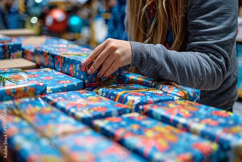A person carefully wraps vibrant presents adorned with festive paper at a community gathering. The atmosphere is cheerful and filled with holiday spirit, showcasing a sense of giving