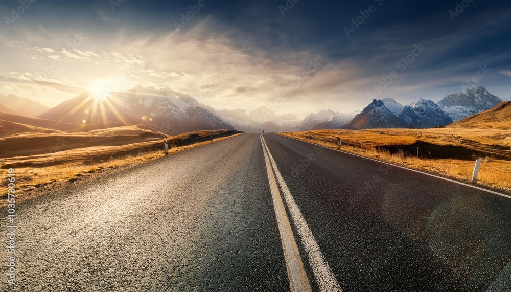 An empty road stretches out before you, leading towards a majestic mountain range bathed in the golden light of sunset. The vastness of the scene symbolizes freedom, journey, exploration, nature and a An empty road stretches out before you, leading towards a majestic mountain range bathed in the golden light of sunset. The vastness of the scene symbolizes freedom, journey, exploration, nature and a