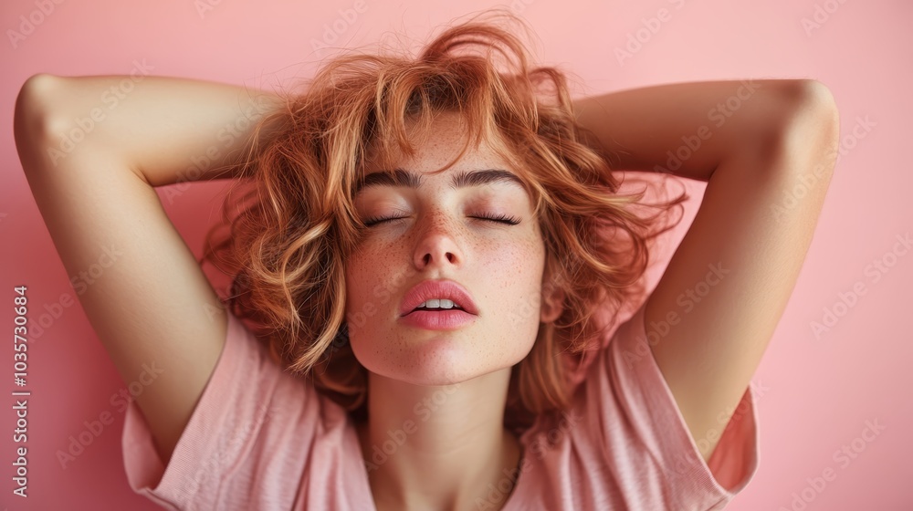 A woman with curly hair and freckles leans back with her eyes closed, expressing relaxation against a plain pink background, wearing a casual pink t-shirt. A woman with curly hair and freckles leans back with her eyes closed, expressing relaxation against a plain pink background, wearing a casual pink t-shirt.