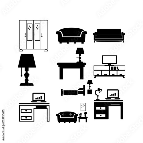 Home furniture icons set in isometry. Household and office furniture and equipment.