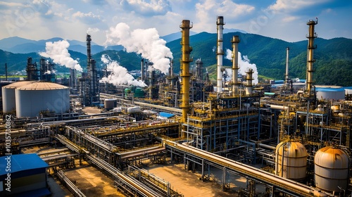 Wallpaper Mural A high-angle view of a sprawling petrochemical plant near the mountains, showcasing a dense maze of pipelines and tanks. Torontodigital.ca