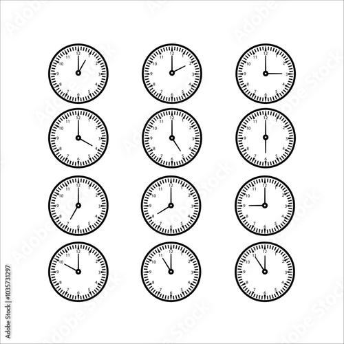 Time and clock icon set. Half past the hour mark. Twelve complete clocks pointing clockwise vector illustration. Analog wall clock icons set.