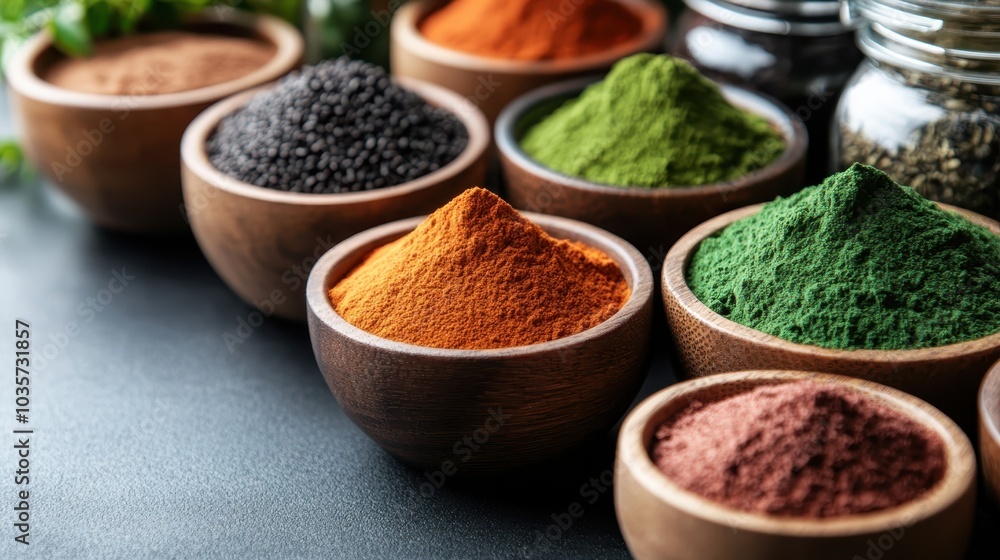 An array of assorted spices, featuring deep green and rich red powders, nestled in wooden bowls, epitomizes color diversity and sensory delight in cooking artistry. An array of assorted spices, featuring deep green and rich red powders, nestled in wooden bowls, epitomizes color diversity and sensory delight in cooking artistry.