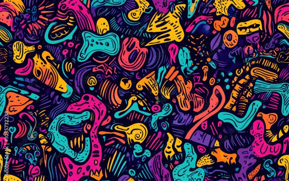 A visually striking abstract seamless pattern with doodle-style illustrations, emphasizing vibrant colors and unique shapes to create an engaging and lively digital artwork A visually striking abstract seamless pattern with doodle-style illustrations, emphasizing vibrant colors and unique shapes to create an engaging and lively digital artwork