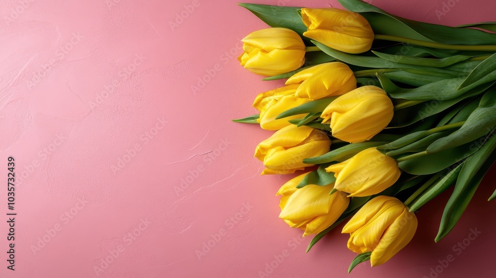 Obraz premium A delightful bouquet of yellow tulips lies on a textured pink background, offering a cheerful and lively atmosphere that brings a sense of renewal and joy in its display.