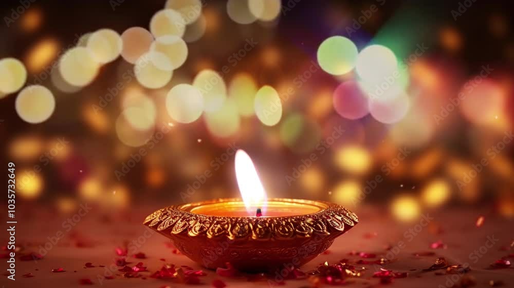 A beautifully lit Diya lamp glows warmly against a background of golden bokeh lights, symbolizing peace, spirituality, and celebration A beautifully lit Diya lamp glows warmly against a background of golden bokeh lights, symbolizing peace, spirituality, and celebration