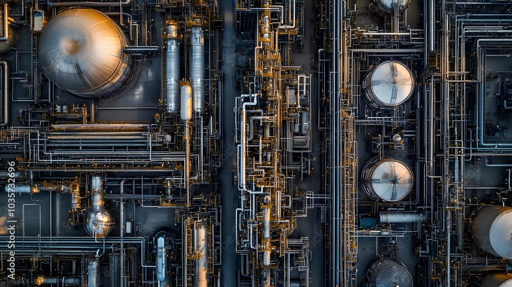 A sweeping drone view of an immense petrochemical plant, with rows of pipelines snaking around massive industrial tanks. A sweeping drone view of an immense petrochemical plant, with rows of pipelines snaking around massive industrial tanks.