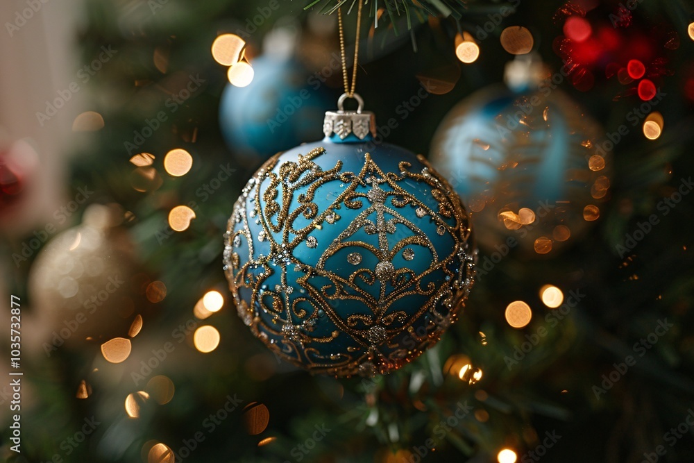 A vibrant blue ornament adorned with intricate golden designs dangles from a Christmas tree. Surrounding it are softly glowing lights and other colorful decorations, creating a warm holiday ambiance