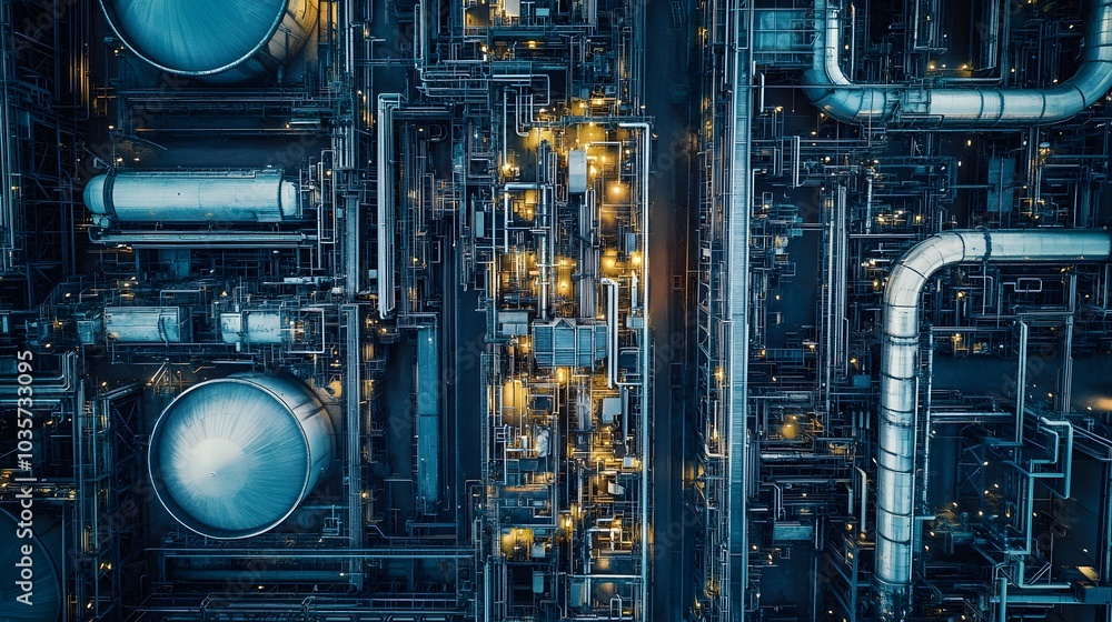 A high-altitude drone shot of a massive petrochemical plant, highlighting the detailed layout of pipelines and storage tanks. A high-altitude drone shot of a massive petrochemical plant, highlighting the detailed layout of pipelines and storage tanks.