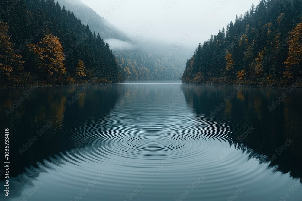 A Single Ripple on a Tranquil Lake Surrounded by Foggy Mountains and Pine Trees