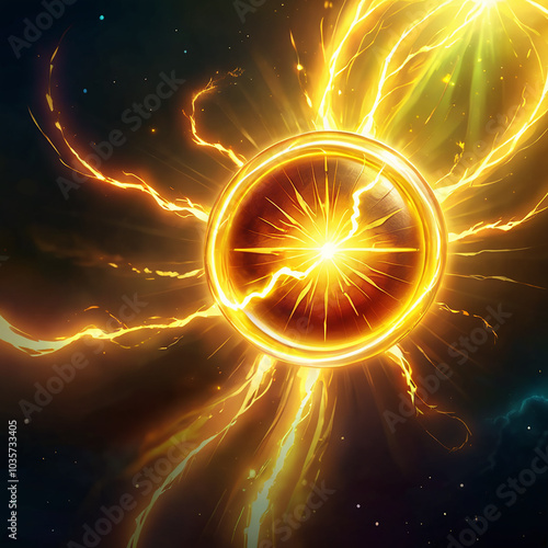 A glowing golden orb with radiating energy bursts and a bright light emanating from its center against a dark starry background. photo