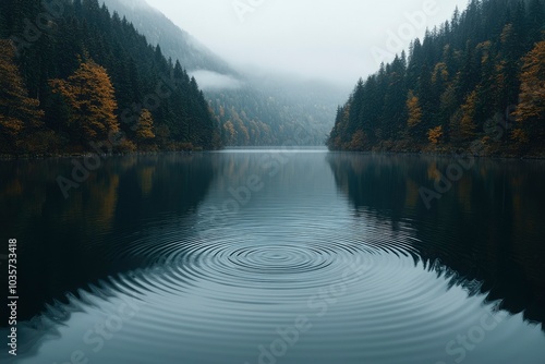 Obraz na płótnie A Single Ripple on a Tranquil Lake Surrounded by Foggy Mountains and Pine Trees w salonie