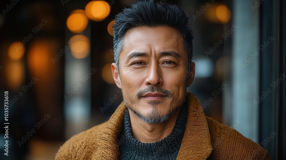 lifestyle portrait of a tender chinese man in his 40s wearing a chic cardigan against a backdrop of modern architecture his expression reflects confidence and grace in a contemporary setting lifestyle portrait of a tender chinese man in his 40s wearing a chic cardigan against a backdrop of modern architecture his expression reflects confidence and grace in a contemporary setting