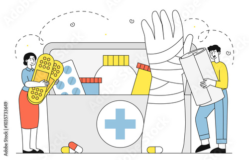 People with first aid kit. Man and woman near box with bandage and plaster, tablets. Drus and pills. Healthcare and medicine, treatment. Linear vector illustration