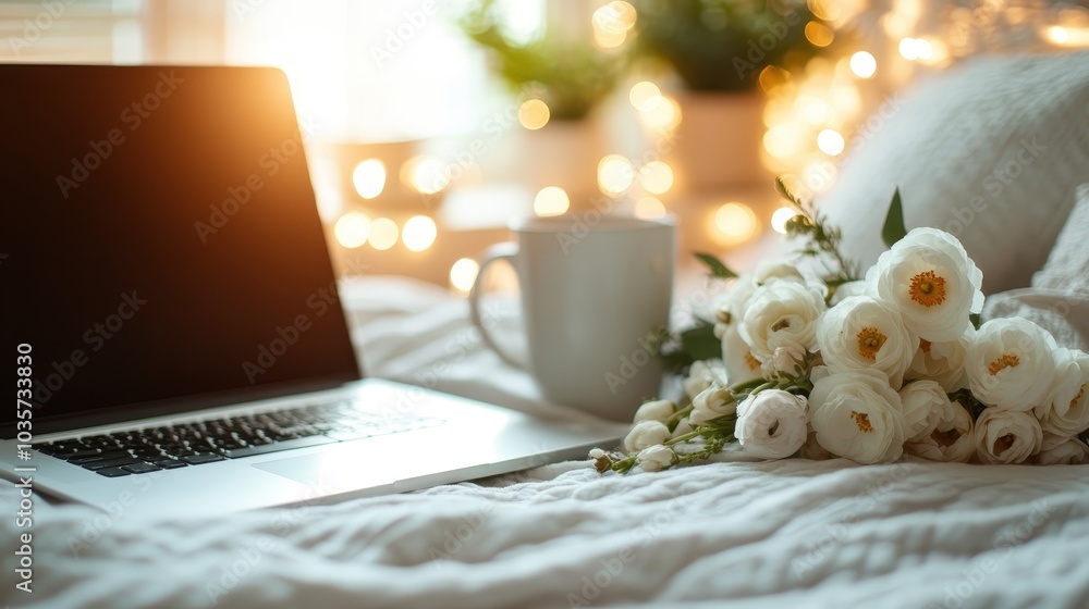 A cozy workspace set on a bed with a laptop, a fresh cup of coffee, and a bouquet of white flowers, surrounded by warm, glowing morning light and soft home comfort. A cozy workspace set on a bed with a laptop, a fresh cup of coffee, and a bouquet of white flowers, surrounded by warm, glowing morning light and soft home comfort.
