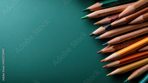 A neatly arranged collection of colored pencils displayed on a solid green background, highlighting an array of hues and showcasing organization and harmony. photo