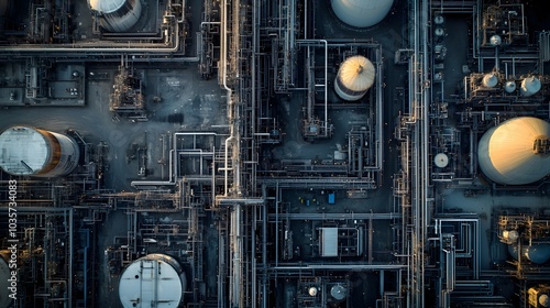 An aerial view of a sprawling petrochemical plant, with a complex network of pipelines weaving between massive storage tanks.