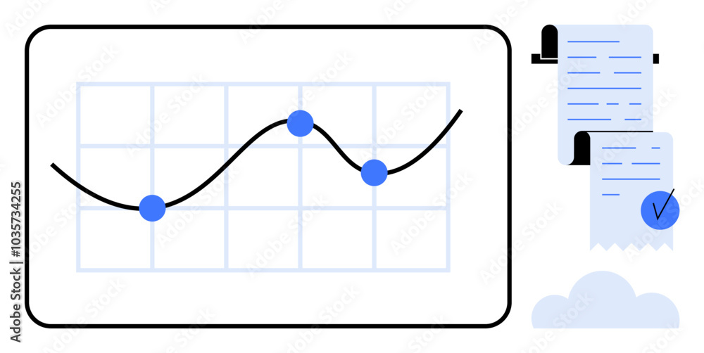 A line graph with blue data points on a grid beside a document with a blue checkmark. Ideal for business analytics, financial reports, data presentation, statistics, and performance tracking. Flat A line graph with blue data points on a grid beside a document with a blue checkmark. Ideal for business analytics, financial reports, data presentation, statistics, and performance tracking. Flat