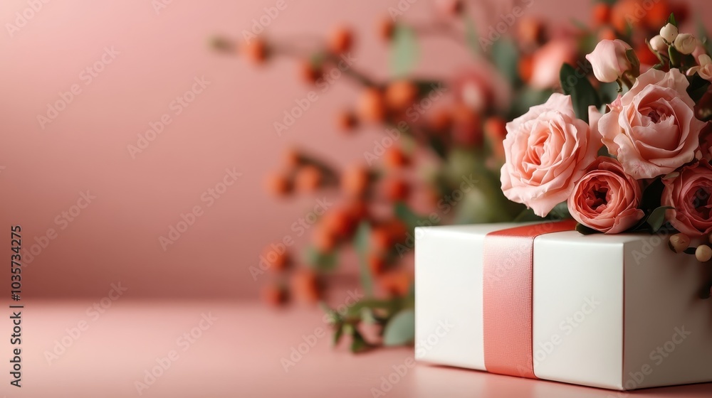 Fototapeta premium A beautifully wrapped gift box, adorned with soft pink roses and delicate blooms, sits elegantly in an artistic composition, evoking a sense of celebration and joy.