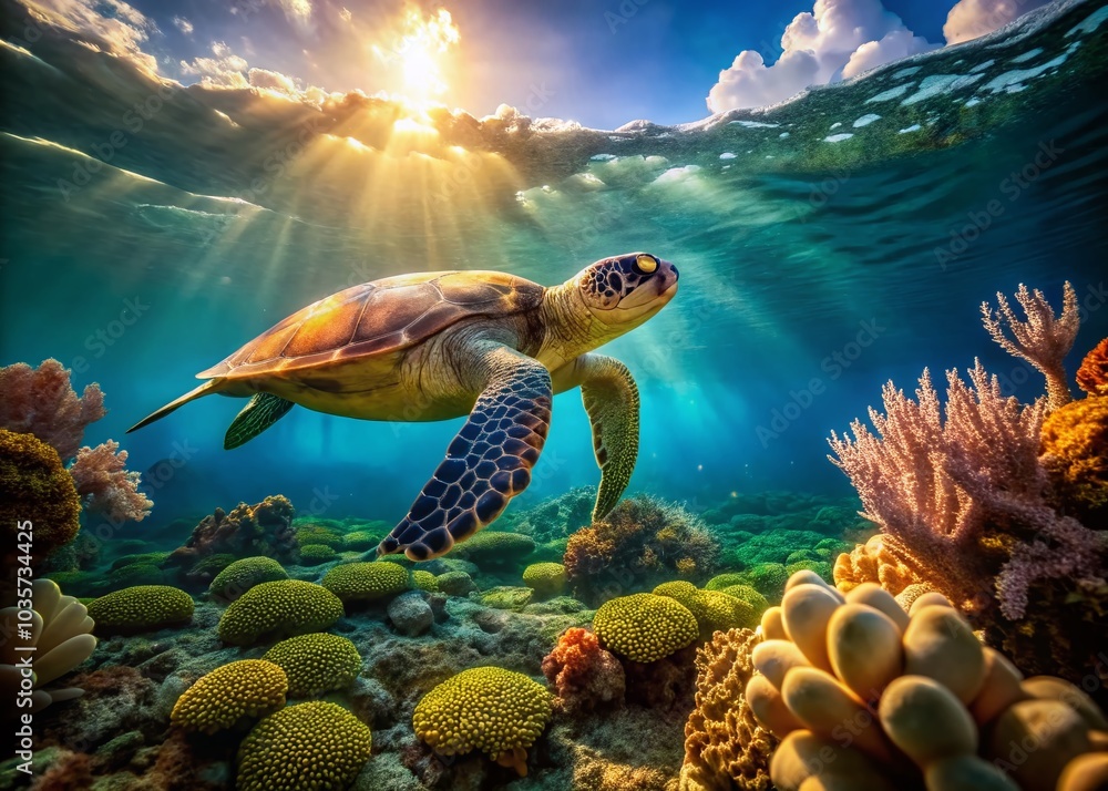 Fototapeta premium Green Sea Turtle in Ras Al Hadd, Oman - Stunning Marine Life Photography
