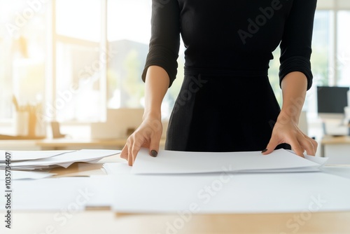 Woman in a dark formal dress organizes documents in a modern office for an upcoming client meeting