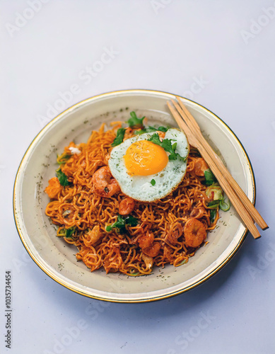 Indonesian Mie Goreng: A vibrant plate of fried noodles, succulent shrimp, crisp vegetables, and a perfectly fried egg. A culinary delight! photo