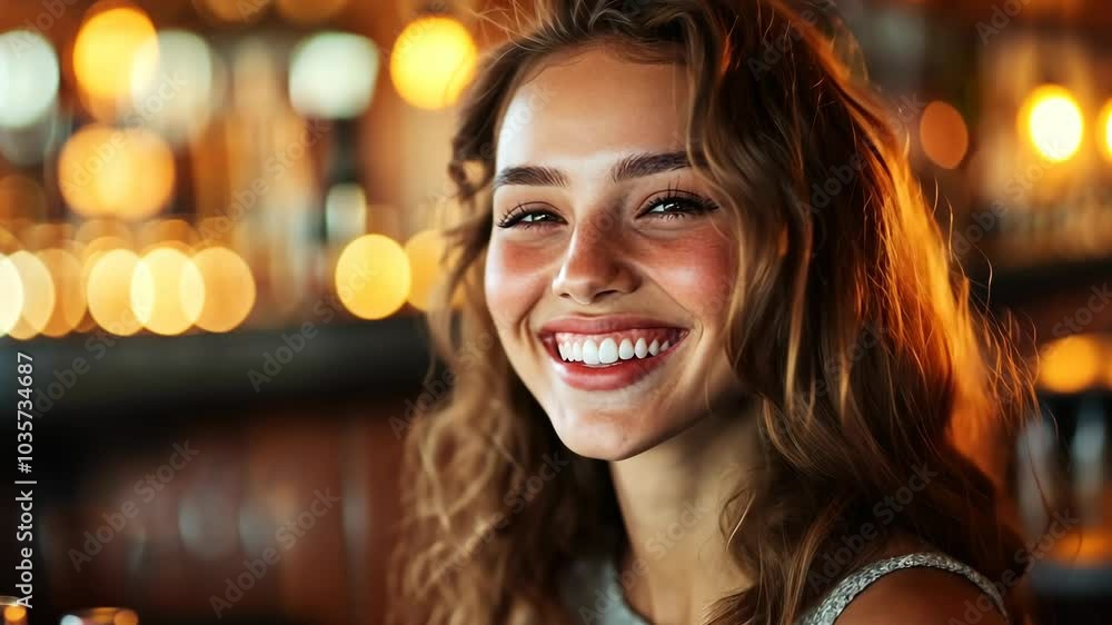 A woman smiles brightly as she sits in a dimly lit bar with warm lights behind her A woman smiles brightly as she sits in a dimly lit bar with warm lights behind her