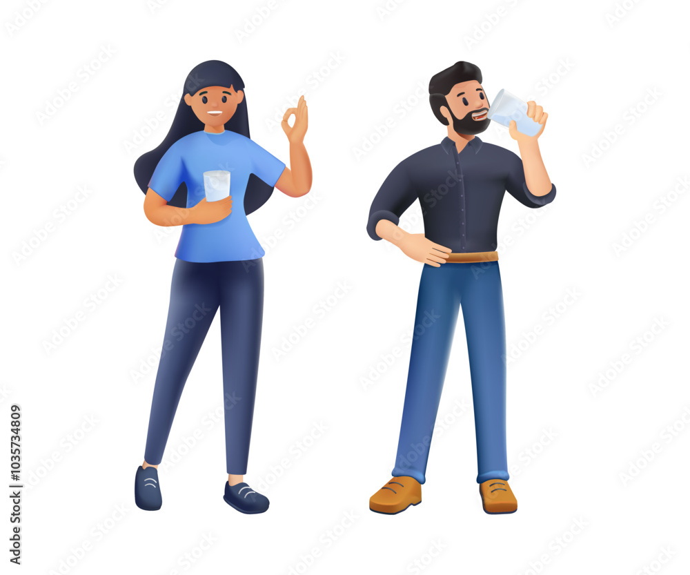 Men and women drinking water from glass set. 3D Vector illustration Men and women drinking water from glass set. 3D Vector illustration