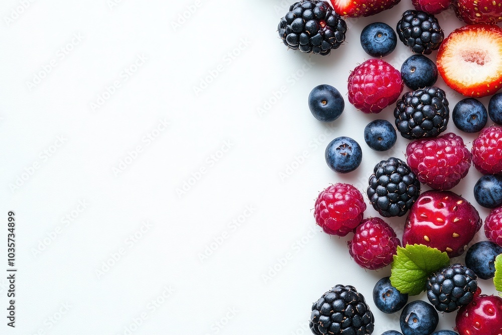 A vibrant mix of colorful berries including raspberries, blackberries, strawberries, and blueberries is displayed against a clean, solid white background, highlighting their freshness and appeal. A vibrant mix of colorful berries including raspberries, blackberries, strawberries, and blueberries is displayed against a clean, solid white background, highlighting their freshness and appeal.