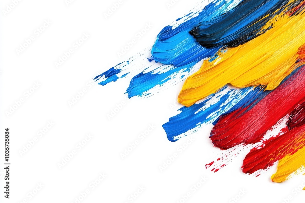 Fototapeta premium Bright streaks of blue, yellow, red, and green paint flow across a clean white surface, showcasing a lively and artistic display.