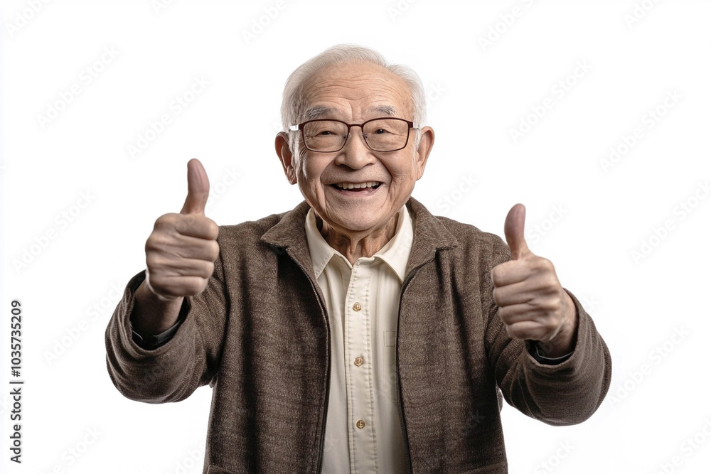 Happy elderly Asian man with a smile on his face shows thumbs up on a white background. Advertising banner. Happy elderly Asian man with a smile on his face shows thumbs up on a white background. Advertising banner.