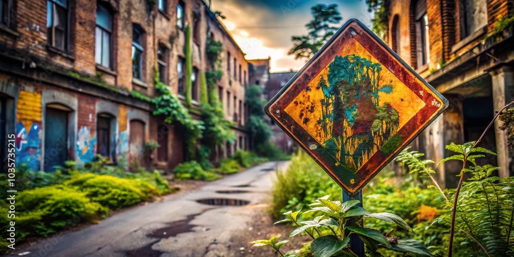 Fototapeta premium Grunge Road Sign in Urban Decay - Capturing the Essence of Abandonment and Nature's Reclamation