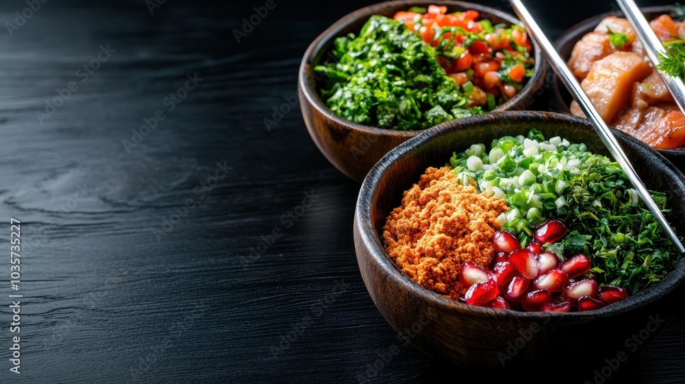 A vibrant food bowl sits on a dark wooden table, filled with ingredients like greens, pomegranate seeds, and spices, representing healthy dining options. A vibrant food bowl sits on a dark wooden table, filled with ingredients like greens, pomegranate seeds, and spices, representing healthy dining options.