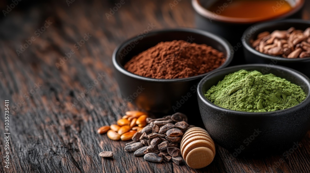 A variety of spices and seeds artistically displayed on a rustic wooden board, featuring textures and vibrant colors that appeal to the senses and culinary lovers. A variety of spices and seeds artistically displayed on a rustic wooden board, featuring textures and vibrant colors that appeal to the senses and culinary lovers.