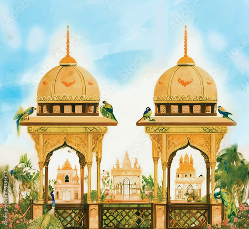 Adobe IllustrIllustration of Indian Mughal architecture with arch, dome, garden, peacock, and parrot plantator Artwork,Traditional Mughal garden