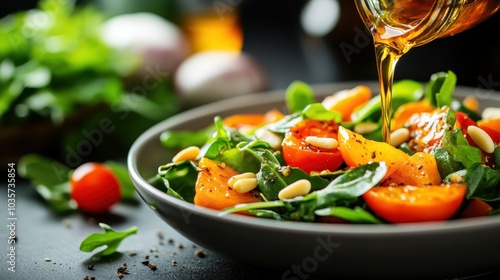 A delicious, colorful salad in a bowl, featuring fresh cherry tomatoes, arugula, and pine nuts, with olive oil being generously poured, embodying health and vitality. photo