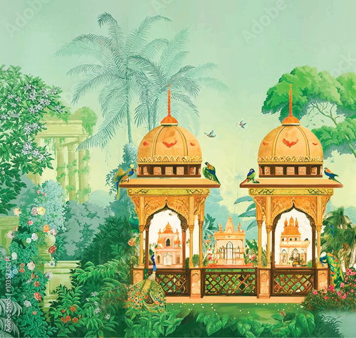 Adobe IllustrIllustration of Indian Mughal architecture with arch, dome, garden, peacock, and parrot plantator Artwork,Traditional Mughal garden