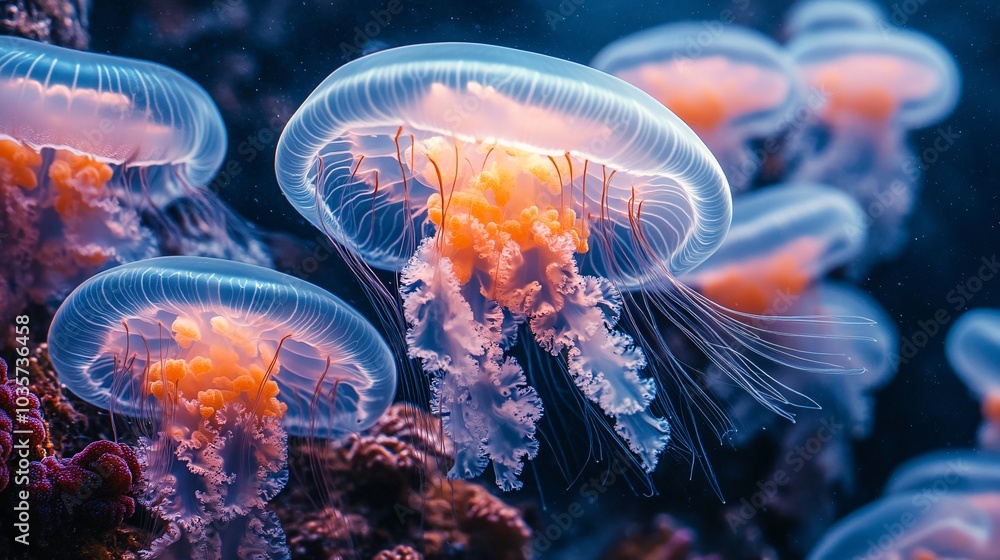 Intricate Collage of Bright Blue Jellyfish