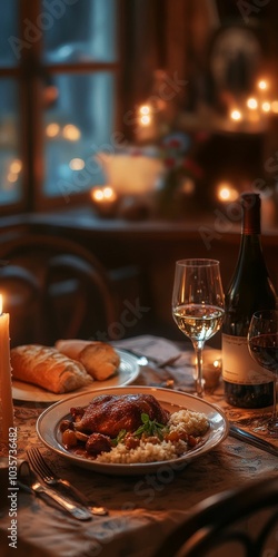 Romantic dinner with wine, candlelight, and duck.