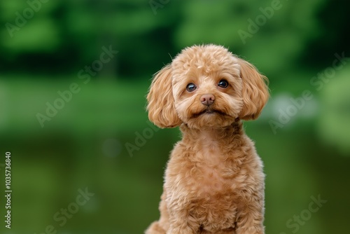 Wallpaper Mural Toy poodle playfully sits by a serene pond in soft daylight with forest reflections Torontodigital.ca