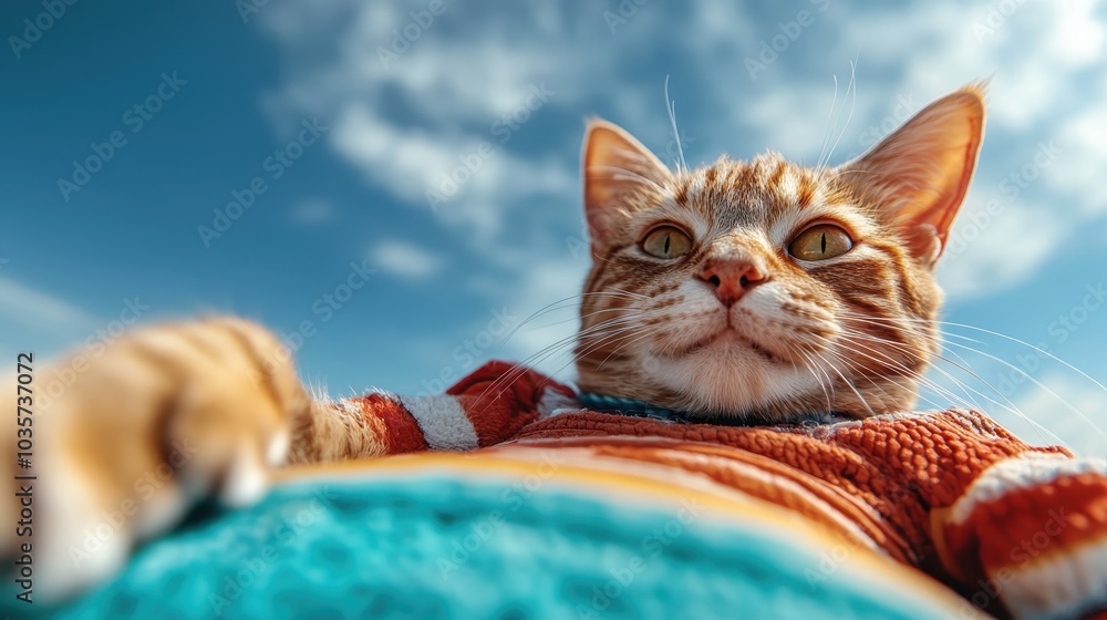 Fototapeta A ginger cat wearing a colorful sweater is lying comfortably under the expansive blue sky, gazing upwards with curiosity and creating a playful and vibrant atmosphere.