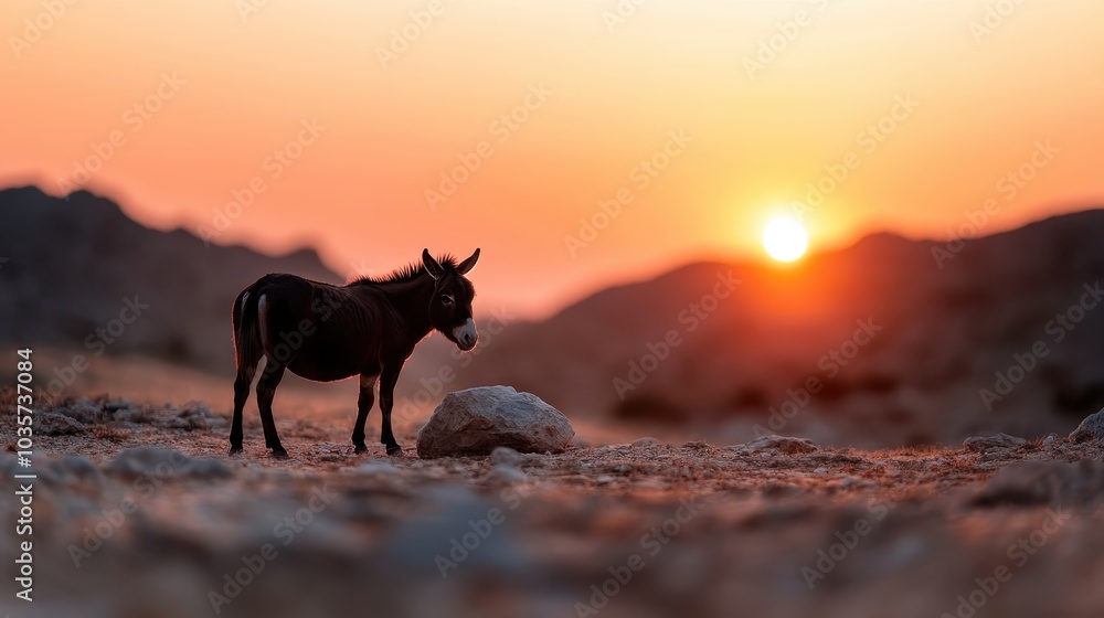 A dark donkey stands watchfully on a rocky terrain while the sun sets in the background, casting vibrant hues across the sky and highlighting the rugged landscape. A dark donkey stands watchfully on a rocky terrain while the sun sets in the background, casting vibrant hues across the sky and highlighting the rugged landscape.