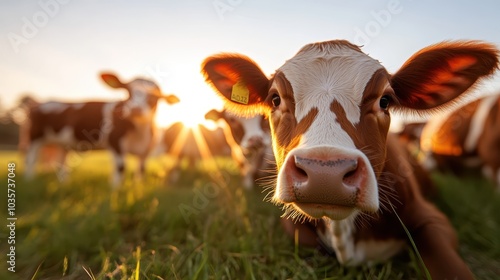 A young cow gazes with curiosity in the early morning light, its face bathed in the golden sun rays on a green pasture with companions scattered behind. photo